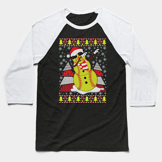 Dabbing Snowman Christmas Softball Player Baseball T-Shirt by Magic Ball